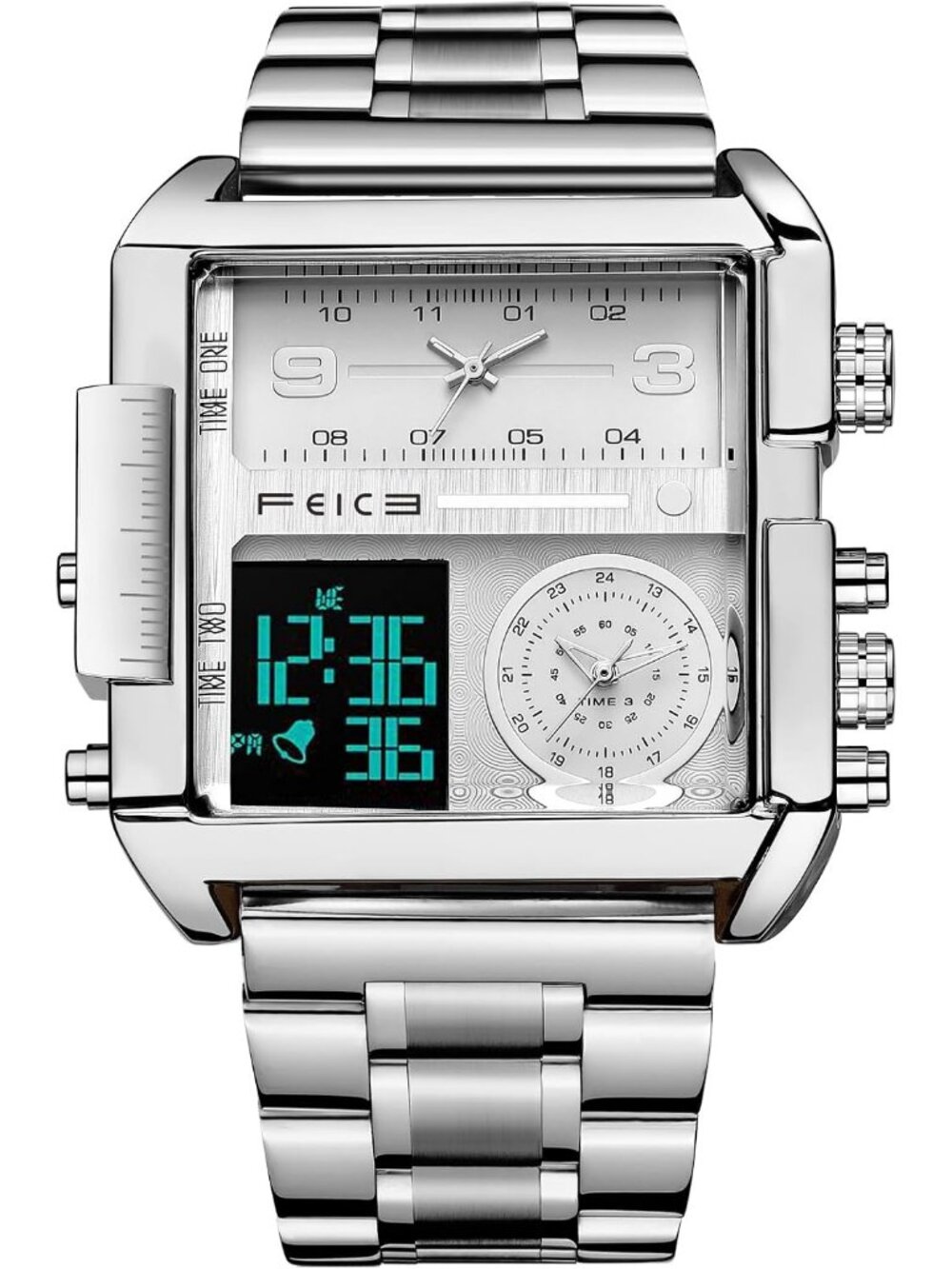 Men’s Silver Digital LED Analog Multifunction Square Chronograph Wrist Watch